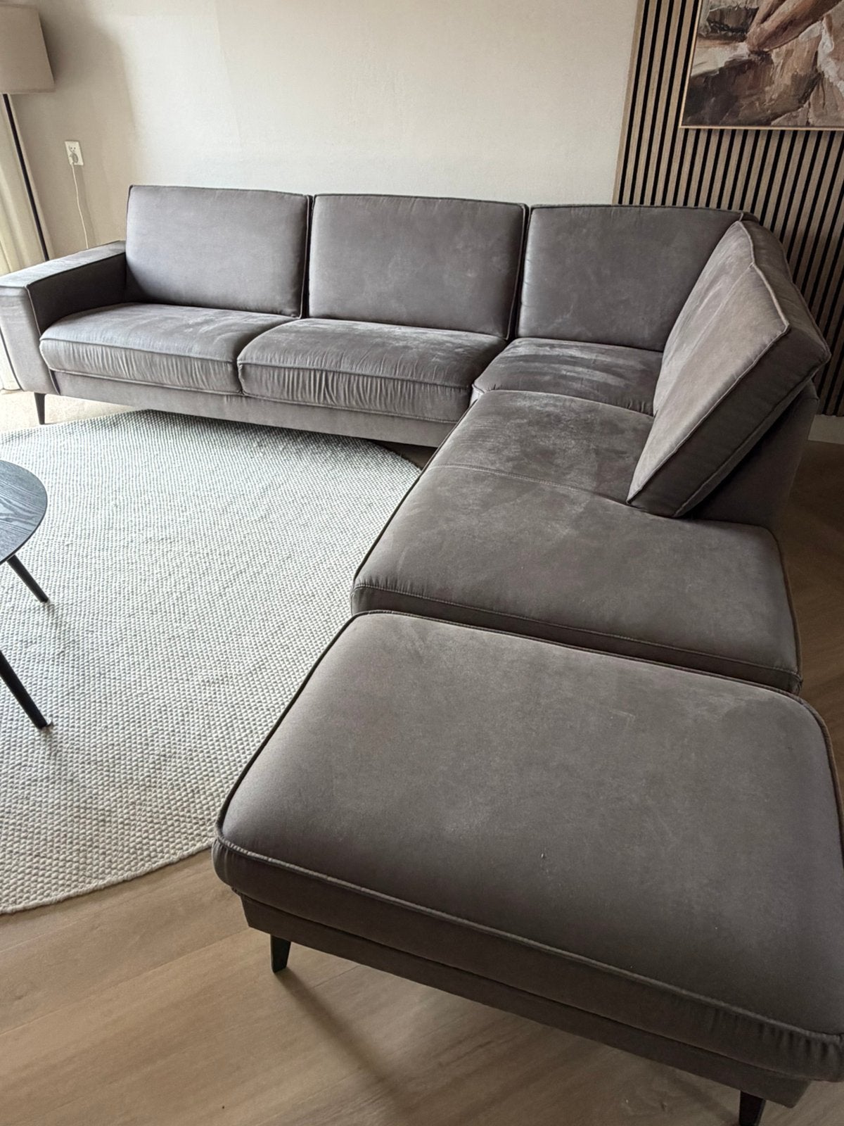 Pronto Wonen Barrio hoekbank velours grijs-taupe, Ophalen, Zo goed als nieuw, Vierpersoons of meer, Stof
