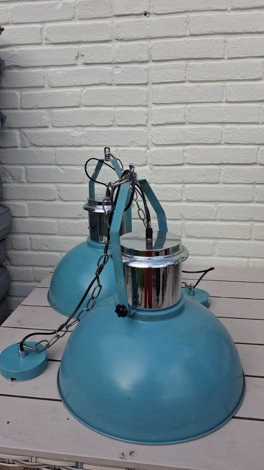 Set van 2 industriële hanglampen, turquoise, Gebruikt, Industrieel, Modern, Vintage, Metaal, E27 (groot)