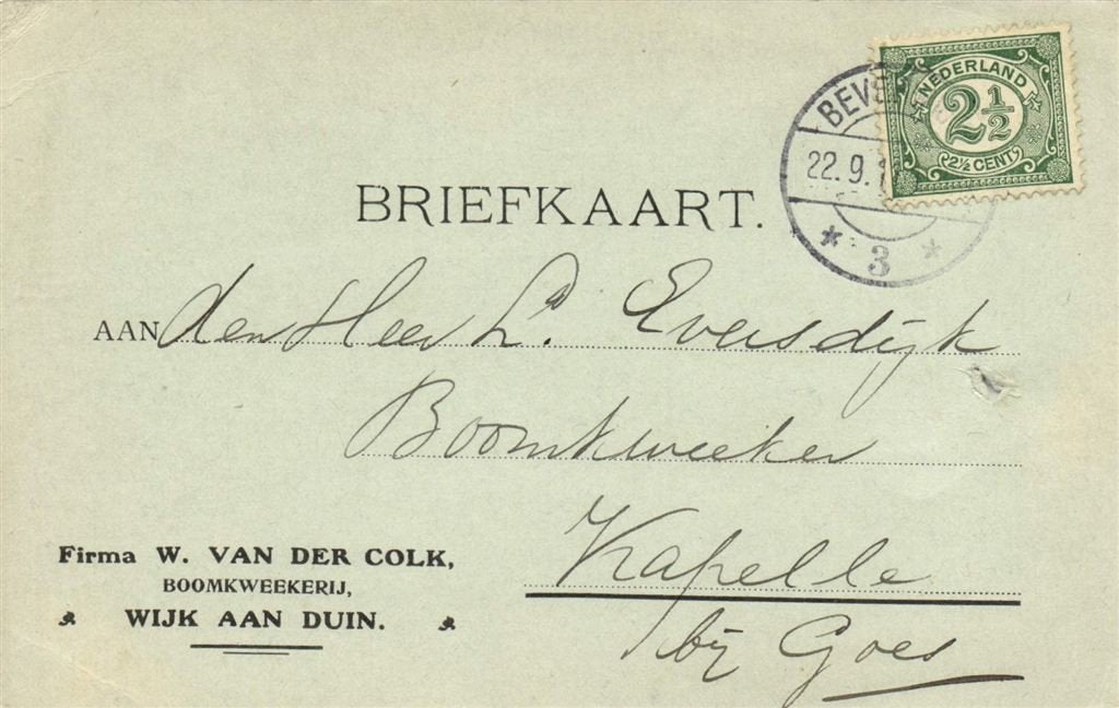 Firma W. van der Colk, Wijk aan Duin - 09.1911 - briefkaart, Ophalen of Verzenden, Briefkaart