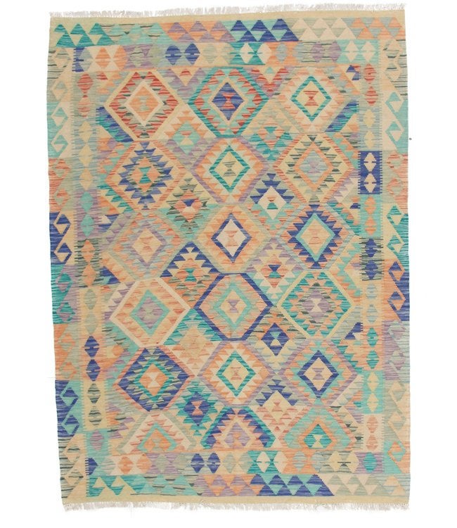 Handgemaakt Afghaans Kilim Vloerkleed Wol 210x152 cm, Beige, 150 tot 200 cm, Ophalen of Verzenden, ....