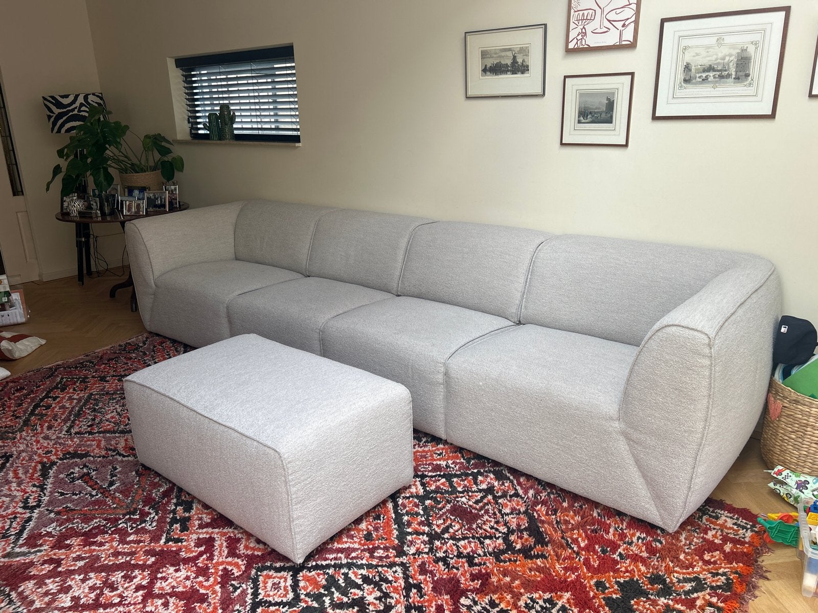 Zitmaxx 4-zitsbank met hocker - Teddy Bouclé Greige, Ophalen, Gebruikt, 300 cm of meer, 75 tot 100 cm