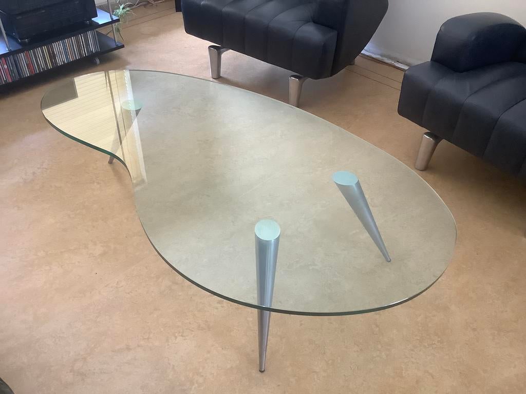 Harvink ‘Palet’ design salontafel glas met aluminium poten, Huis en Inrichting, Tafels | Salontafels, Ophalen, Gebruikt, 100 tot 150 cm