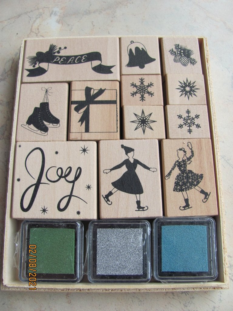 NIEUW doosje nostalgische STEMPELSET hout winter kerst thema, Hobby en Vrije tijd, Stempelen, Ophalen of Verzenden, Nieuw, Overige typen
