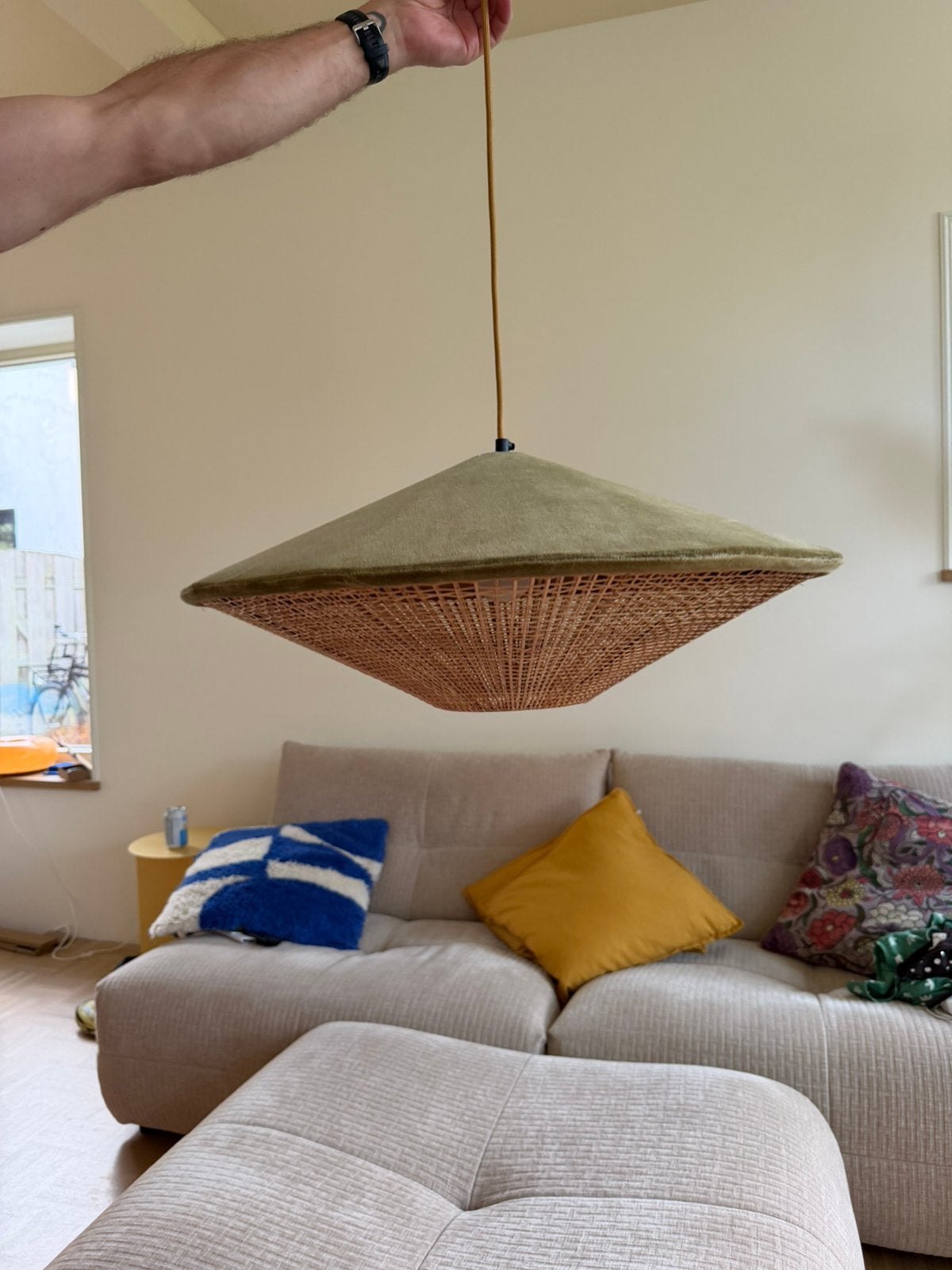 Qazqa hanglamp velours rotan groen, Huis en Inrichting, Lampen | Hanglampen, Ophalen of Verzenden, Zo goed als nieuw, Minder dan 50 cm