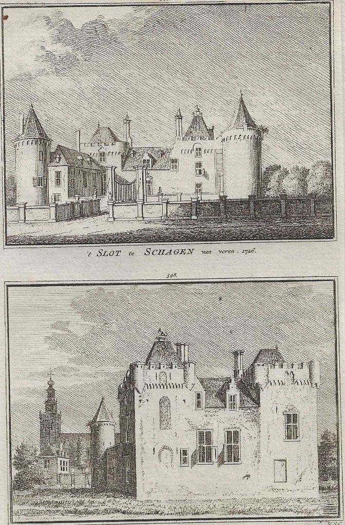 Slot Schagen / Slot Schagen met Kerk 1726 Kopergrav. Spilman, Stadsgezicht, Ophalen of Verzenden, 15 cm, 10 cm
