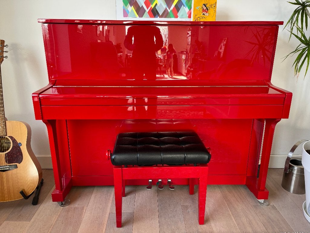 Upright piano, merk: H. van Bremen, hoogglans rood, Ophalen, Gebruikt, Overige kleuren, Piano