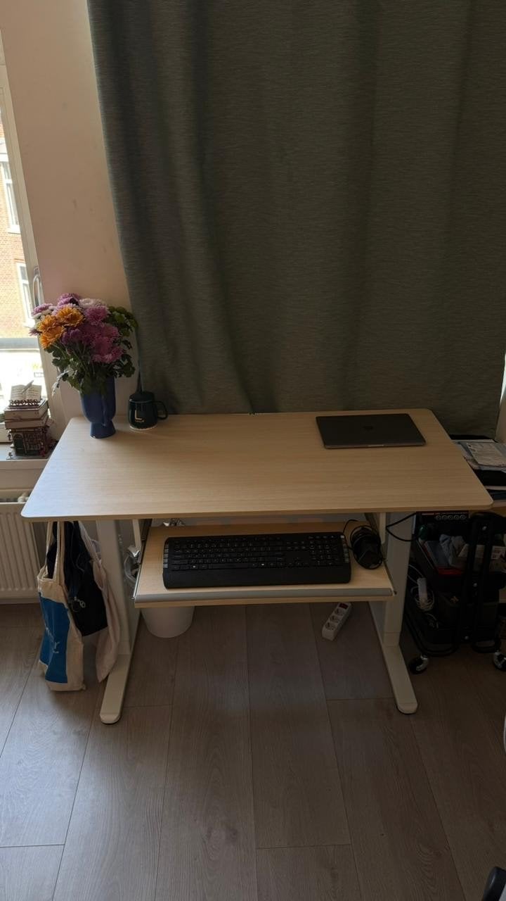 Elektrisch staand bureau met verborgen lade, Ophalen, Elektrisch, 120 cm, Hout