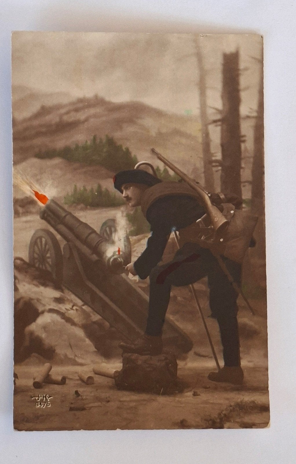 Ansichtkaart- WO1- artillerie- kanonnier- soldaat- Frankrijk, Ophalen of Verzenden, Landmacht, Overige gebieden, Foto of Poster