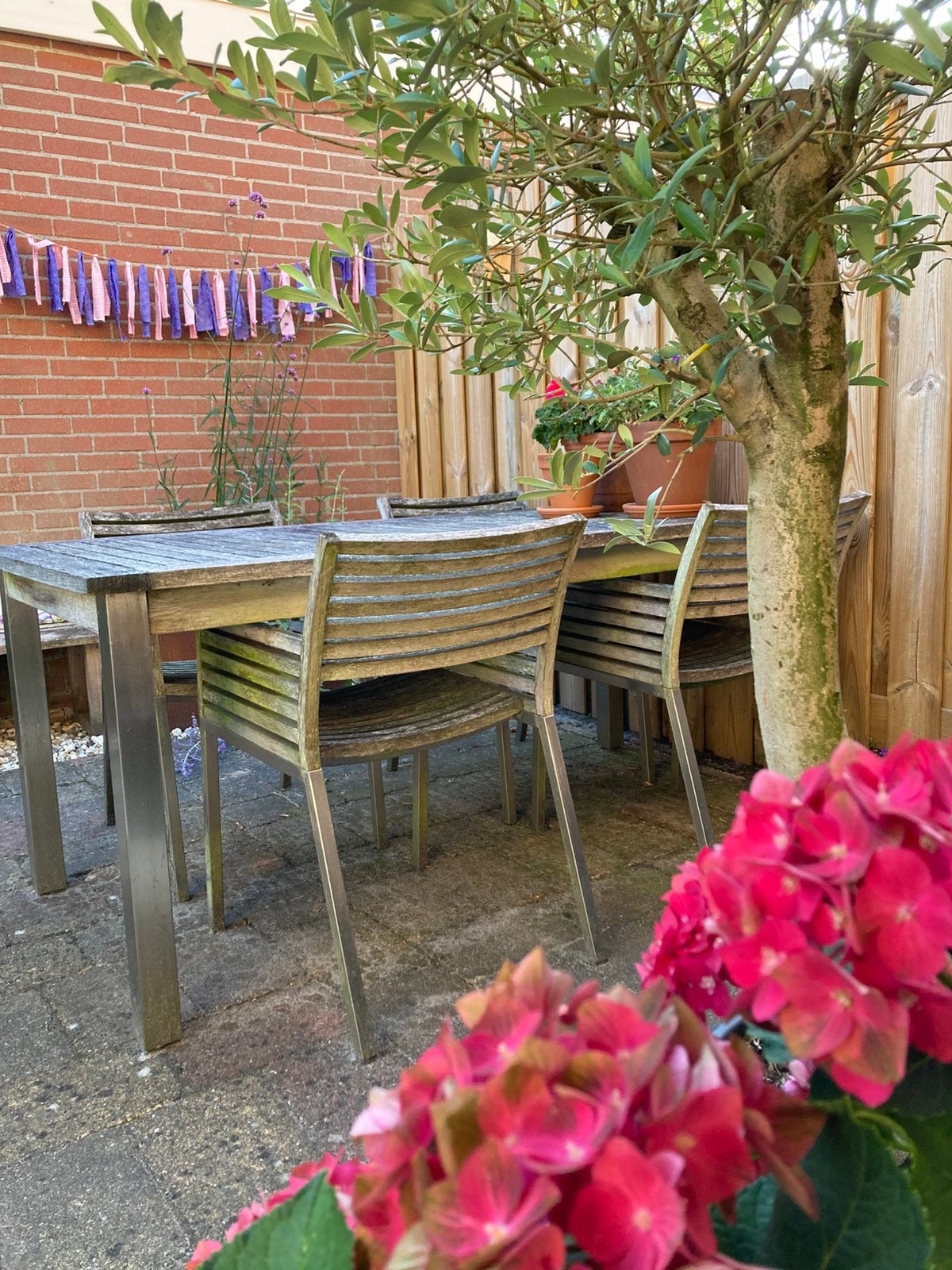 Tuinset: houten tafel met 4 stoelen, Ophalen, Gebruikt, Rechthoekig, Aluminium
