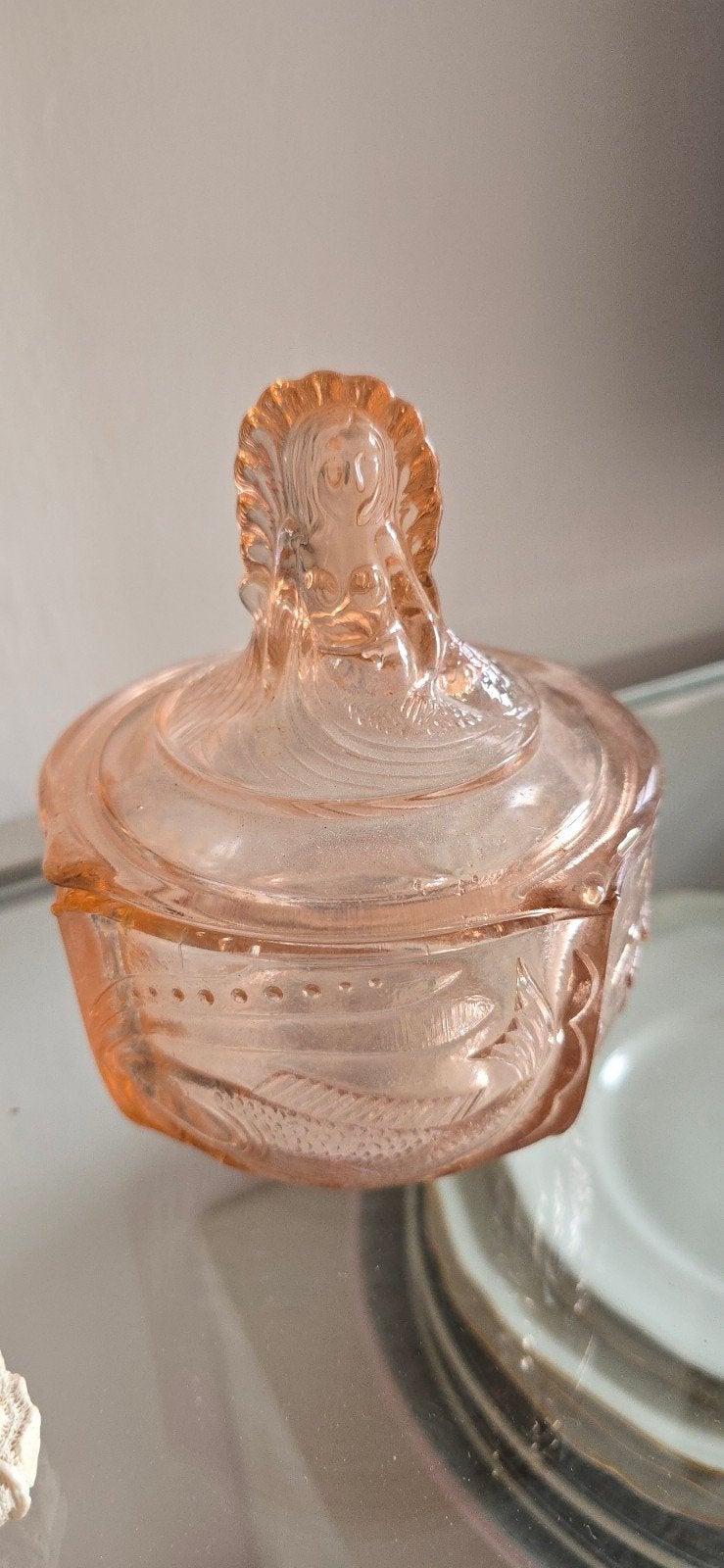 Vintage Roze Glazen Art Deco doosje met zeemeermin, Antiek en Kunst, Ophalen of Verzenden
