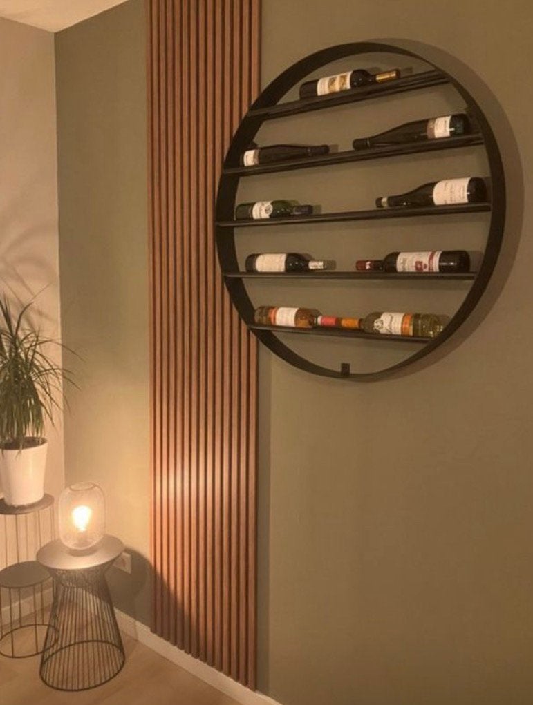 Design wijnrek rond metaal zwart hangen muur, Ophalen, Zo goed als nieuw