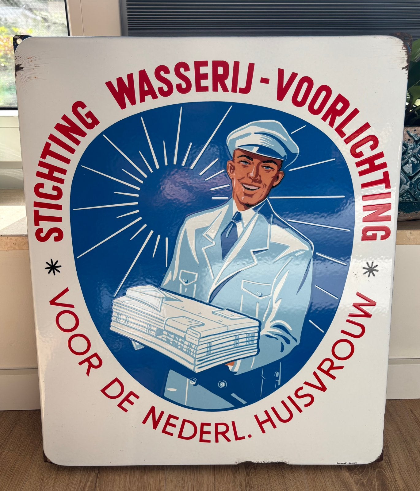 Emaille recalmebord Wasserij voorlichting - Langcat Bussum, Verzamelen, Ophalen of Verzenden, Gebruikt, Reclamebord