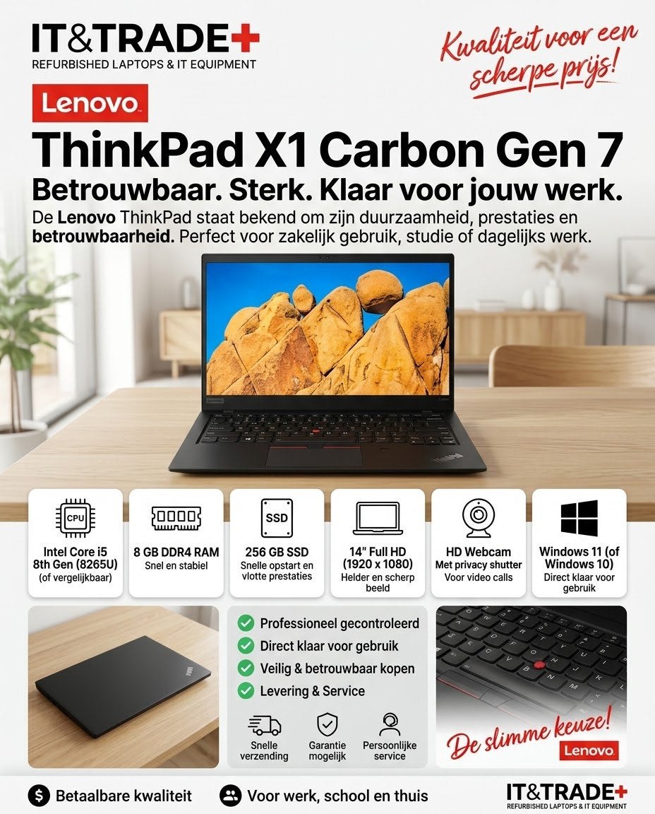 Lenovo ThinkPad X1 Carbon Gen 7 | i5 | 8GB | 256GB SSD, Computers en Software, 256 GB, 2 tot 3 Ghz, Qwerty, 8 GB