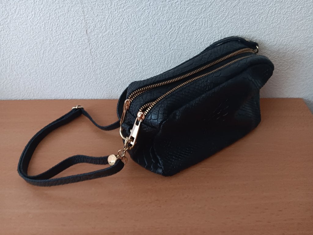 Zwarte Genuine Leather Slangenprint Schoudertas, Ophalen, Gebruikt, Zwart