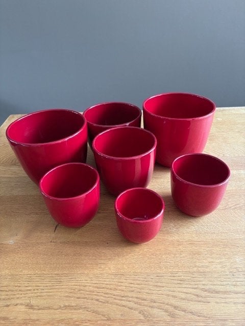 7 rode bloempotten Tusca red Mica descorations, Ophalen, Rond, Binnen, Zo goed als nieuw