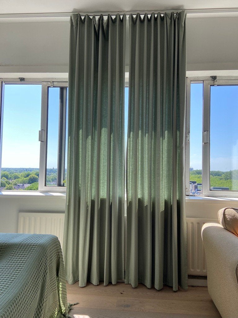 3 IKEA TIBAST 100% katoen gordijnen groen 145x250 cm, 145 cm, Zo goed als nieuw, Gordijn, 250 cm