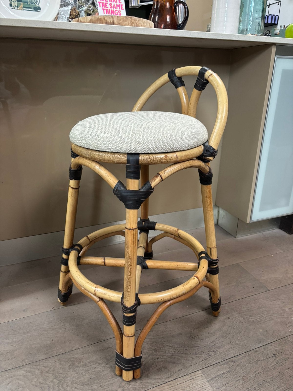 bohemian rotan bamboe bistro ibiza barkruk met rugleuning, Ophalen, ., 60 tot 90 cm, Nieuw