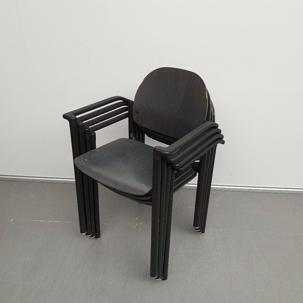 4x houten kantine stoelen / stapelstoelen met stalen frame, Huis en Inrichting, Ophalen, Gebruikt, Kunststof, Vier