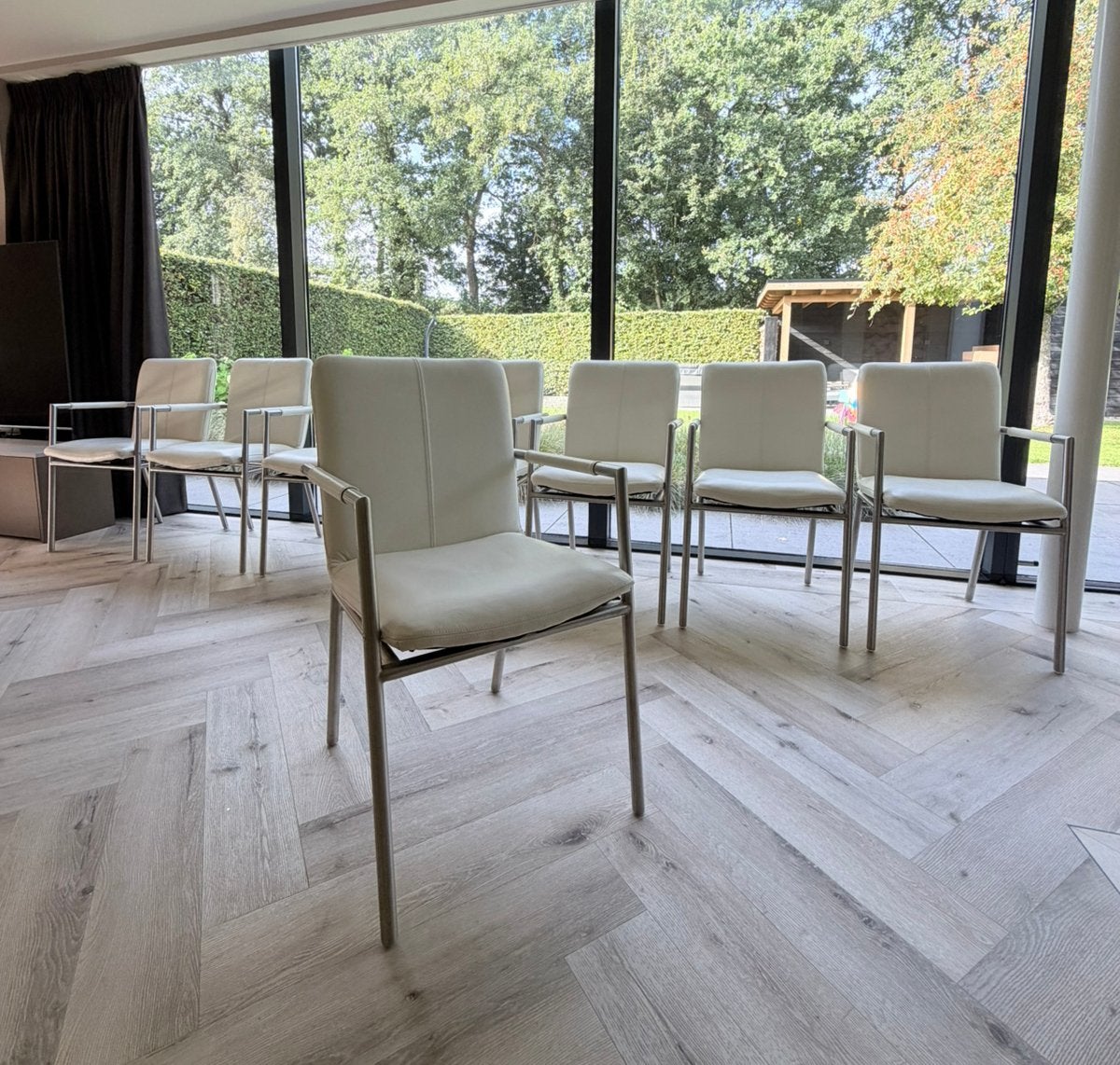 6/8 roomwit lederen Henders en Hazel design eetkamerstoelen, Ophalen, Wit, ---, Henders en Haz