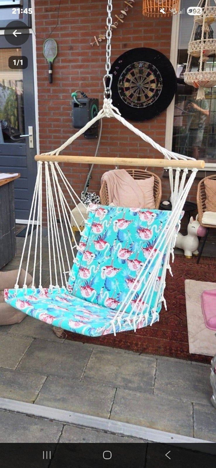 Hangstoel met flamingo kussen, Gebruikt, Ophalen of Verzenden, Met standaard, Eenpersoons