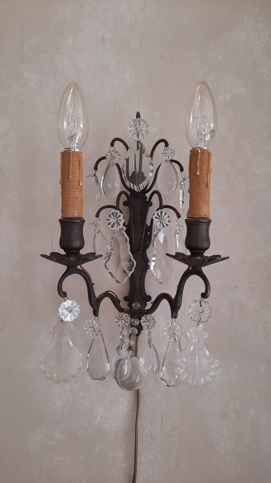 Set van 2 appliques wandlampjes met pegels 24T (nuzzelspul), Antiek en Kunst, Ophalen