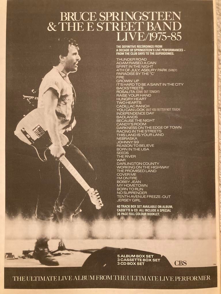 Paginagrote A3 advertentie BRUCE SPRINGSTEEN live release, Verzamelen, Ophalen of Verzenden, Zo goed als nieuw, A1 t/m A3