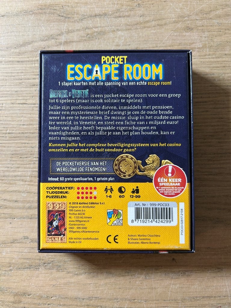 Pocket Escape Room Diefstal in Venetië Kaartspel 999 Games, Hobby en Vrije tijd, Gezelschapsspellen | Bordspellen, Ophalen of Verzenden