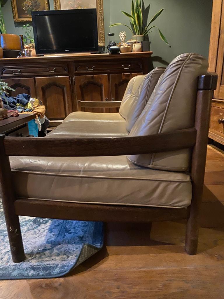Leer en hout bank mid century modern, Huis en Inrichting, Ophalen, Gebruikt, 100 tot 125 cm, Mid centrury modern