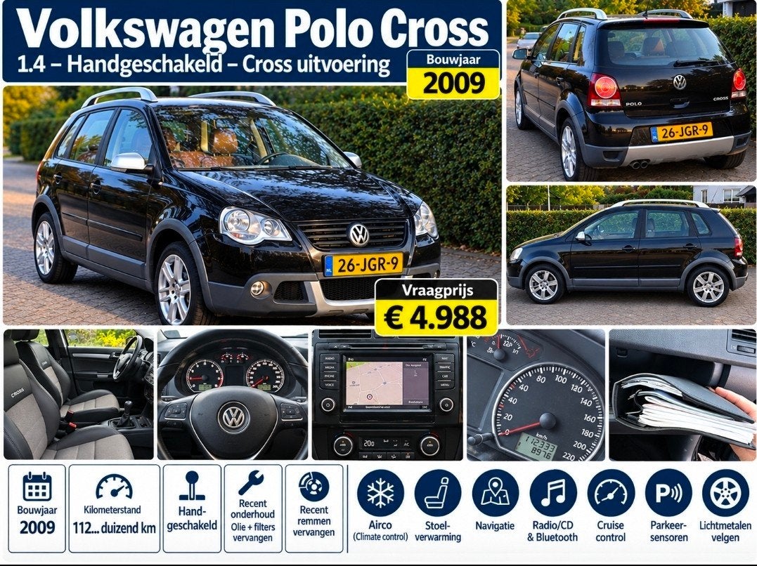 Volkswagen Polo 1.4 16V 59KW Cross 2009 Zwart, Auto's, Voorwielaandrijving, 15 km/l, Zwart, Origineel Nederlands