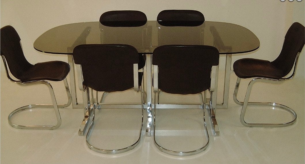 Cidue Rookglas tafelblad, Chromen Onderstel, vintage, design, Huis en Inrichting, Tafels | Eettafels, Ophalen, Gebruikt, 100 tot 150 cm