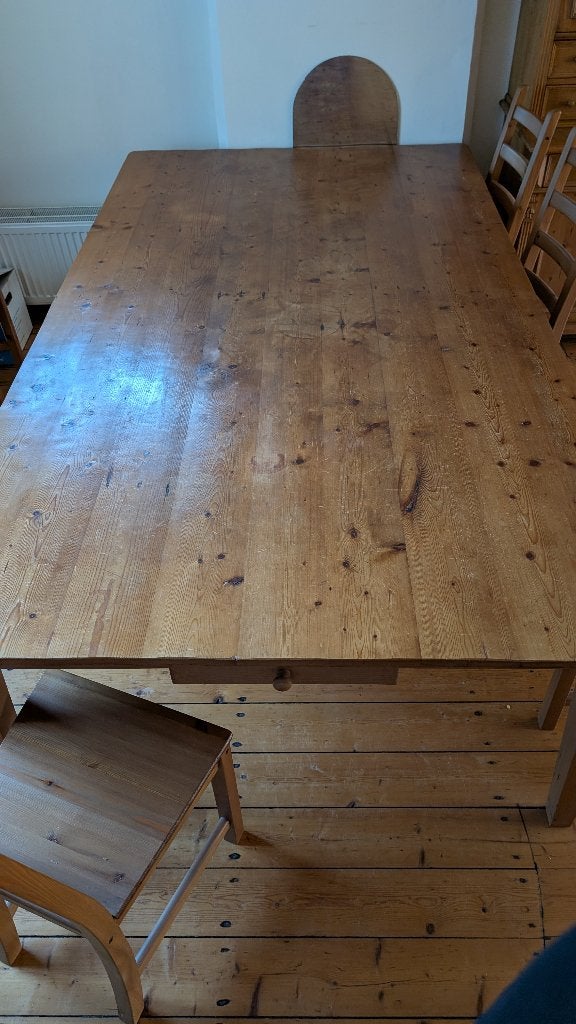 Grote oud-grenen tafel 138 x 250, Huis en Inrichting, Ophalen, Gebruikt, 100 tot 150 cm, 200 cm of meer