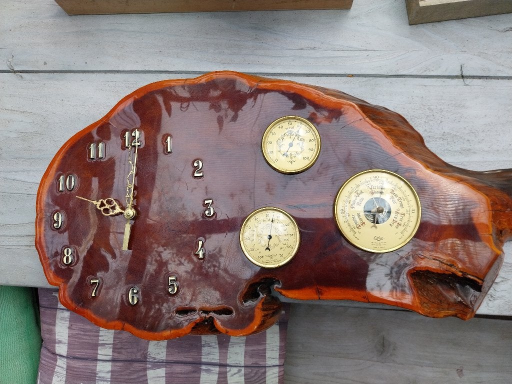 Handgemaakte wortelhout-weerstation (burl wood clock), Antiek en Kunst, Ophalen