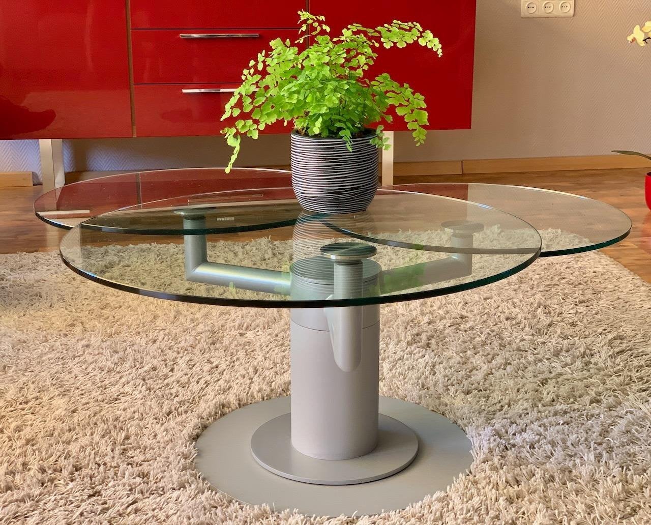 Casprini design salontafel 3 glazen plateau’s draaibaar, Ophalen, 100 tot 150 cm, Rond, 50 tot 100 cm