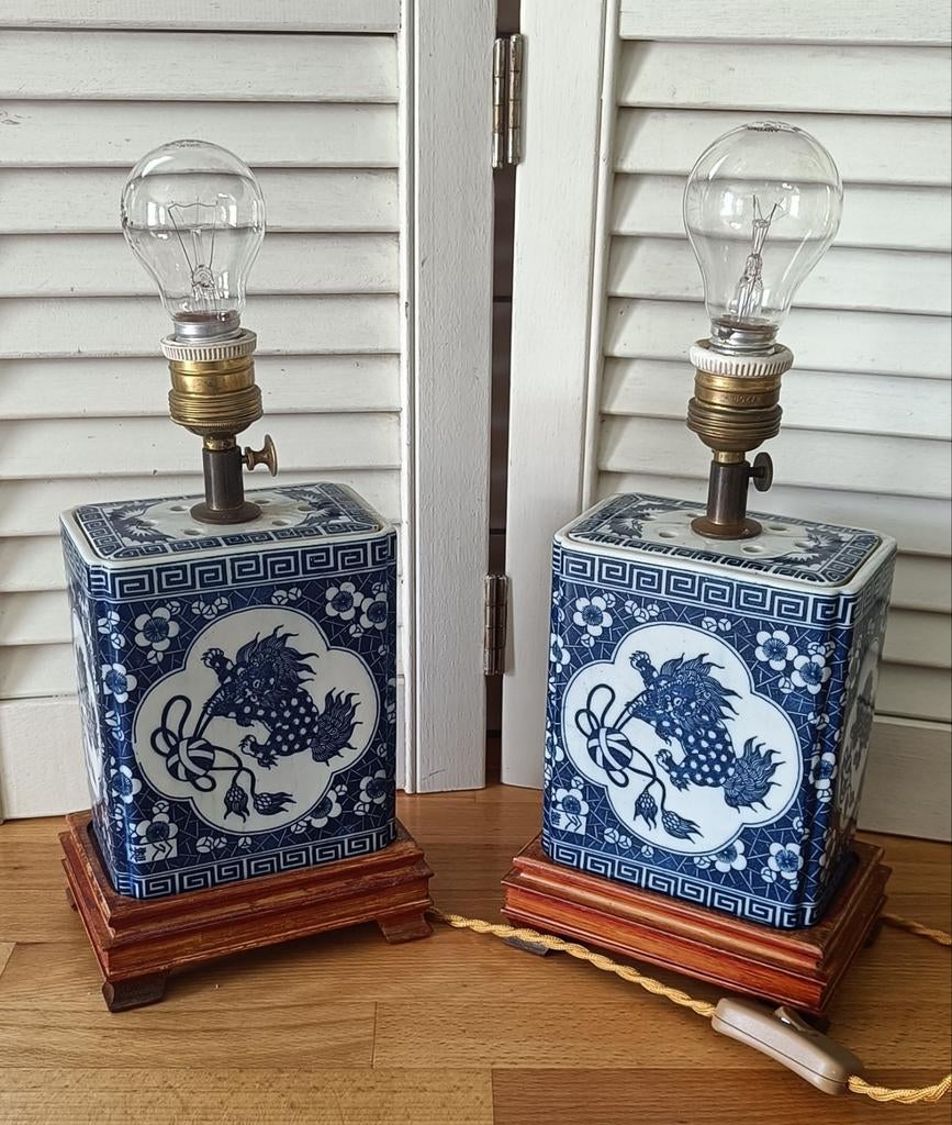 Set van 2 Vintage Chinese Tafellampen - Blauw/Wit, Ophalen of Verzenden, Zo goed als nieuw, Vintage, Chinees, Overige materialen