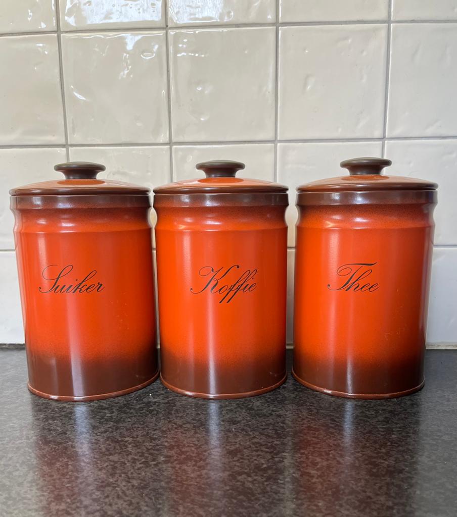 Drie nieuwe vintage Brabantia blikken koffie thee suiker, Nieuw, Ophalen of Verzenden, Voorraadpot, Metaal