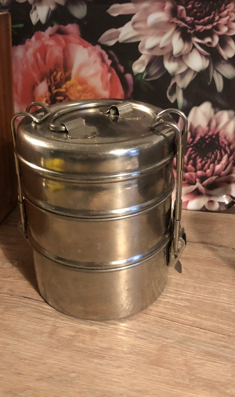 Vintage RVS Tiffin Lunchbox - 3-laags, Zilver, Ophalen of Verzenden, Metaal, Overige merken