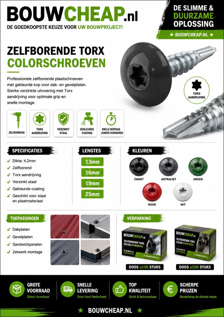 Reklamebordschroeven zelfborend in kleur, Doe-het-zelf en Verbouw, IJzerwaren en Bevestigingsmiddelen, Ophalen of Verzenden, Nieuw