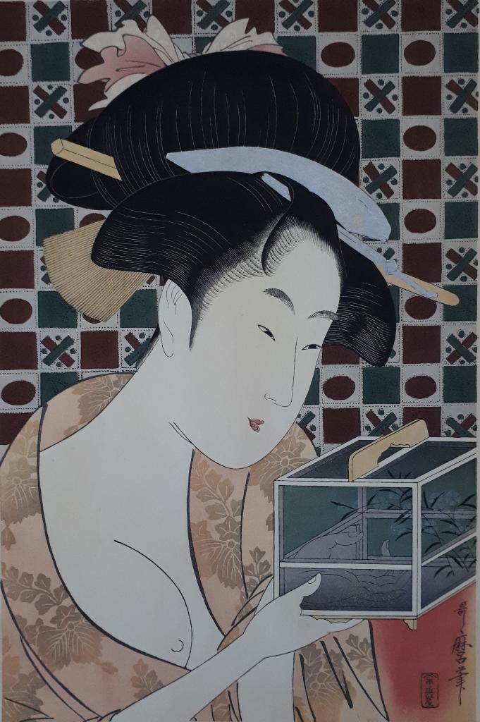 Japanse Houtblok Prent Utamaro Vrouw Takamizawa ca 1970, Verzenden