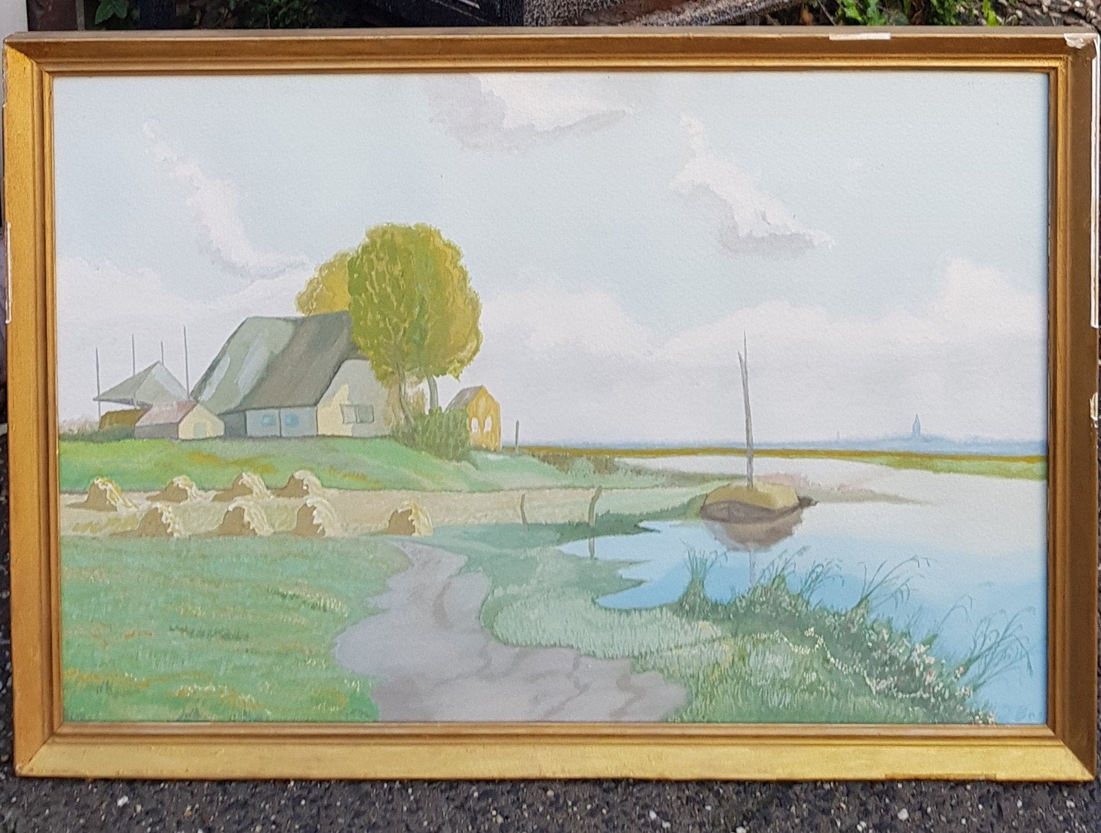 Aquarel D. Bos: Hollands Landschap met Boerderij Driel, Antiek en Kunst, Ophalen of Verzenden