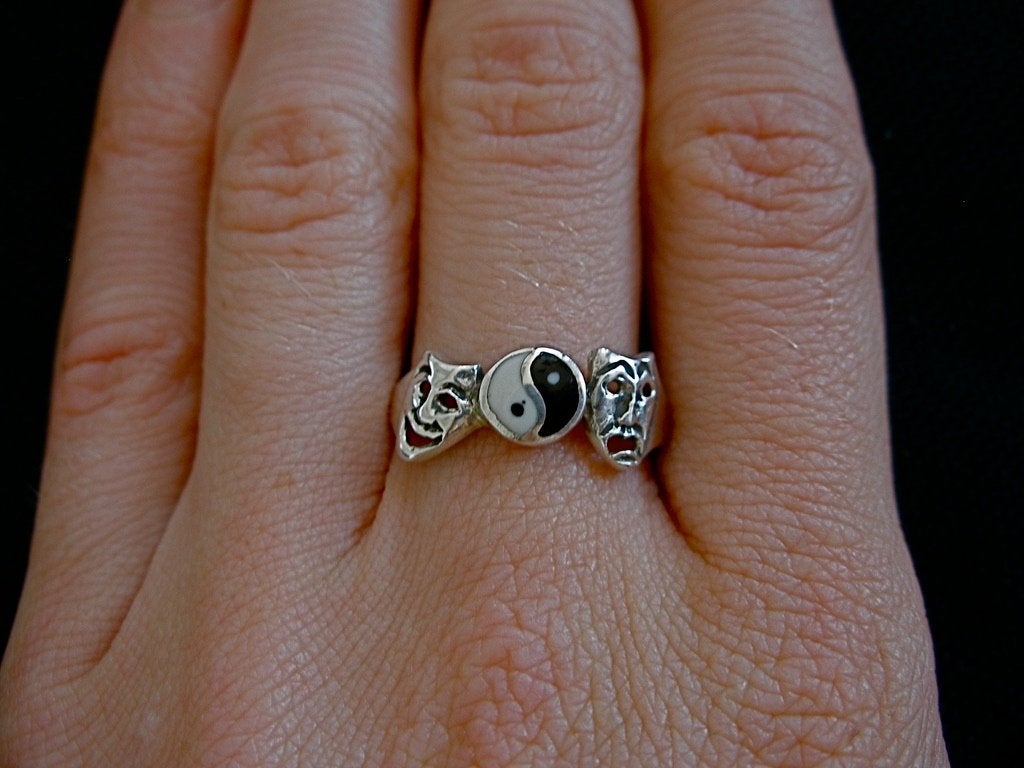 Zilveren 925 zilver ring Yin Yang + blij verdrietig masker, 18 tot 19, Overige kleuren, Verzenden, Nieuw