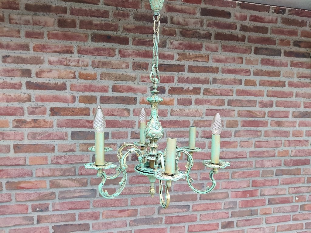 Antieke  bronzen kroonluchter 6 armpjes (E 14 fitting), Ophalen