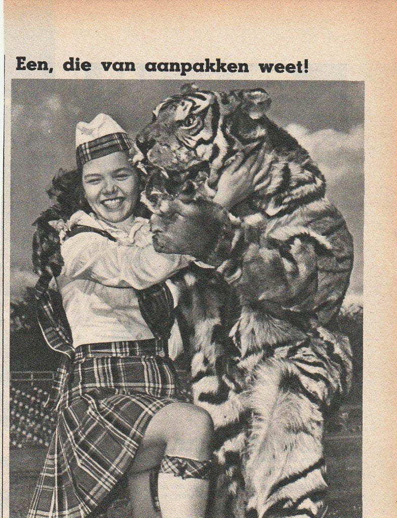Retro reclame 1953 Kodak brownie vrouw met tijger, Verzenden, Overige typen