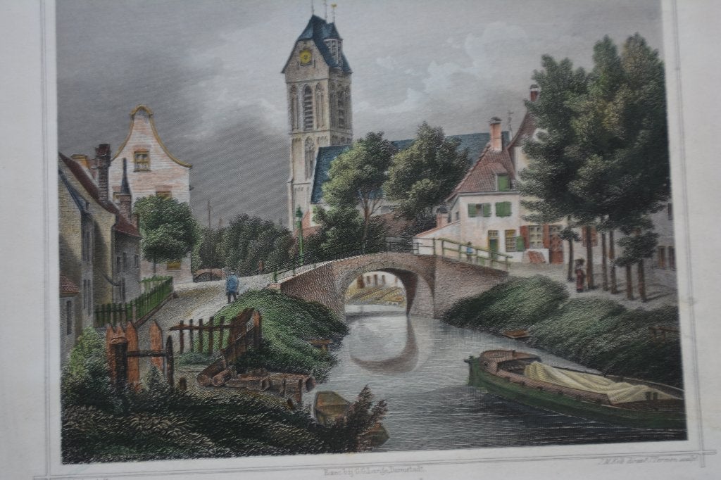 OUDEWATER STAALGRAVURE 1858 STADSGEZICHT TERWEN E70, Gesigneerd, 1800 - 1899, Verzenden, Stadsgezicht