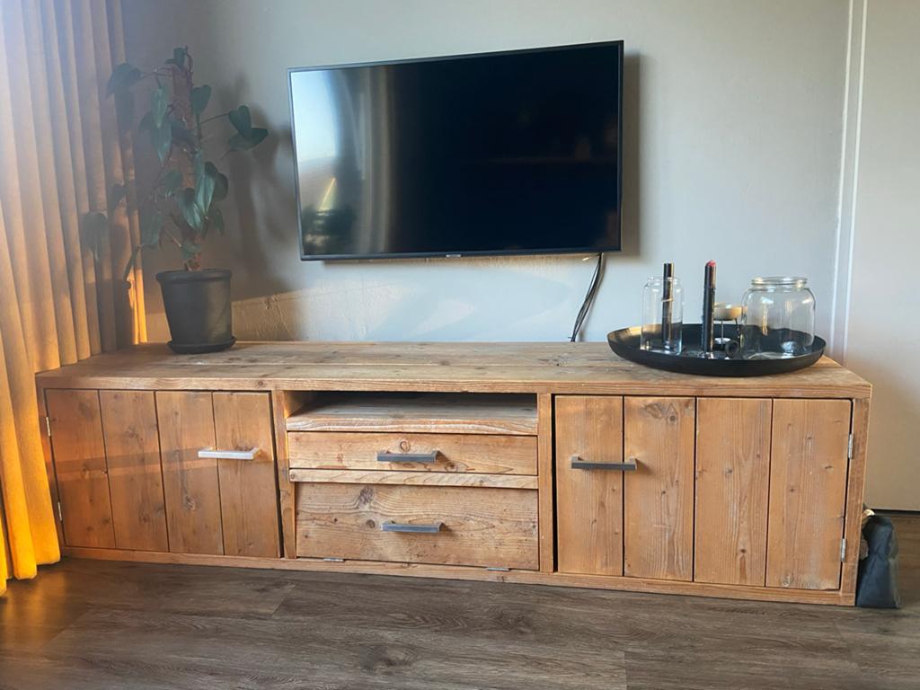 Steigerhouten TV-meubel met wandplank - 200x50x50 cm, Ophalen, Gebruikt, 150 tot 200 cm, Minder dan 100 cm