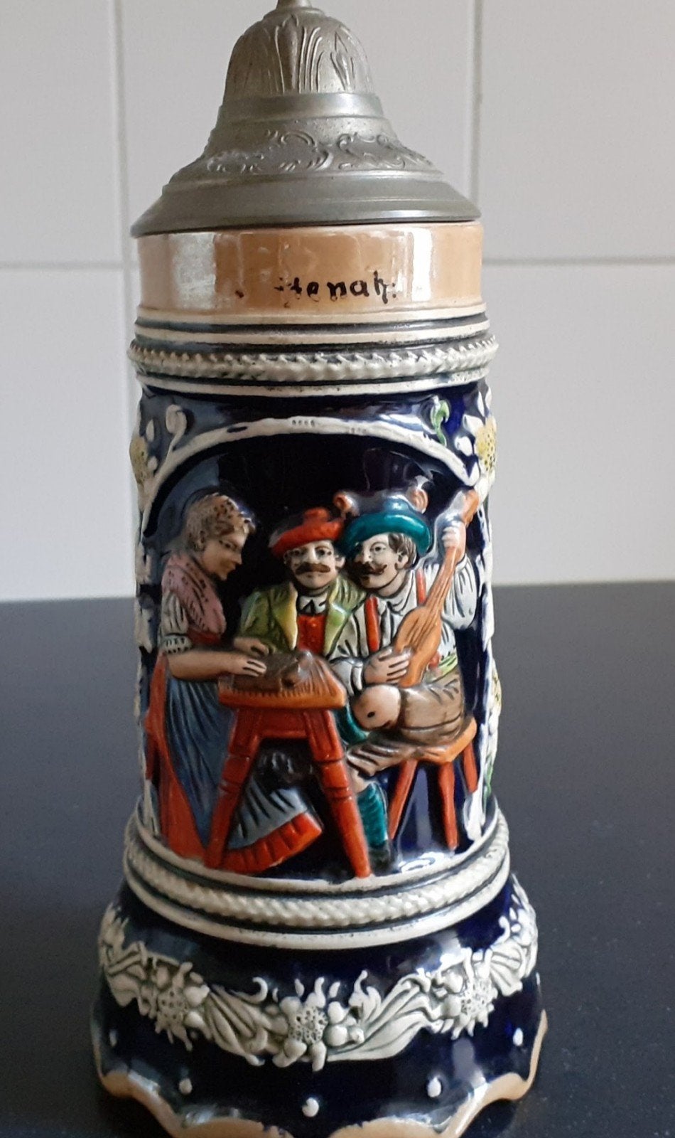 Vintage Duitse Bierpul met Muziekdoos en Tin Deksel, Ophalen of Verzenden