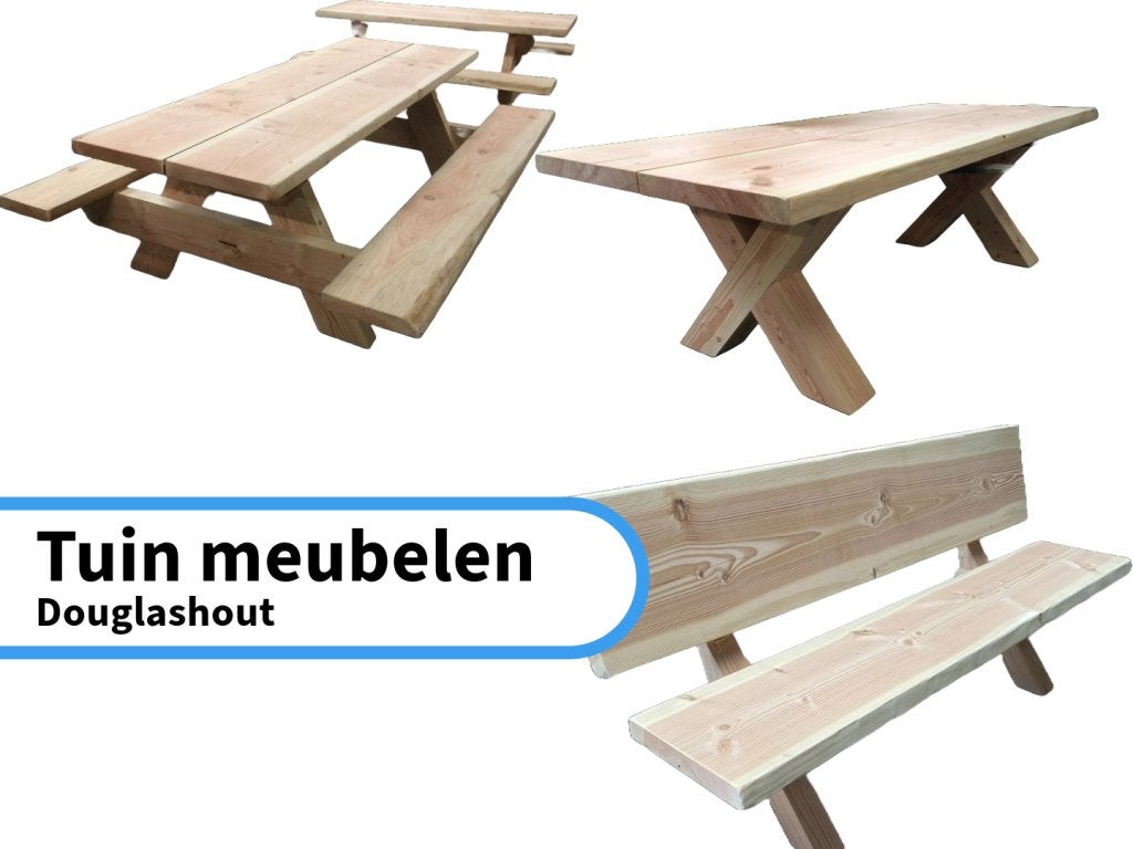 Douglas hout picknickbank, tafel, kruispoot tafel, banken