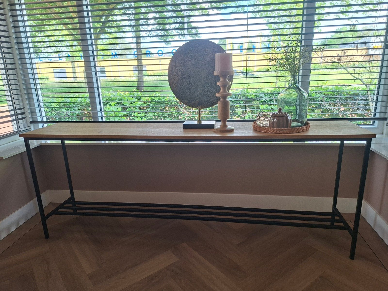 Sidetable eiken/ staal, Huis en Inrichting, Tafels | Sidetables, Zo goed als nieuw, 25 tot 50 cm, 200 cm of meer, Rechthoekig