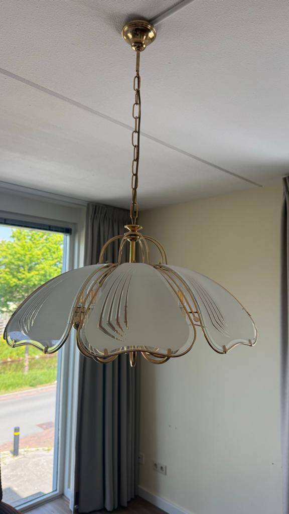 Elegante messing hanglamp Hollywood Regency, Ophalen, Zo goed als nieuw, Glas, 50 tot 75 cm