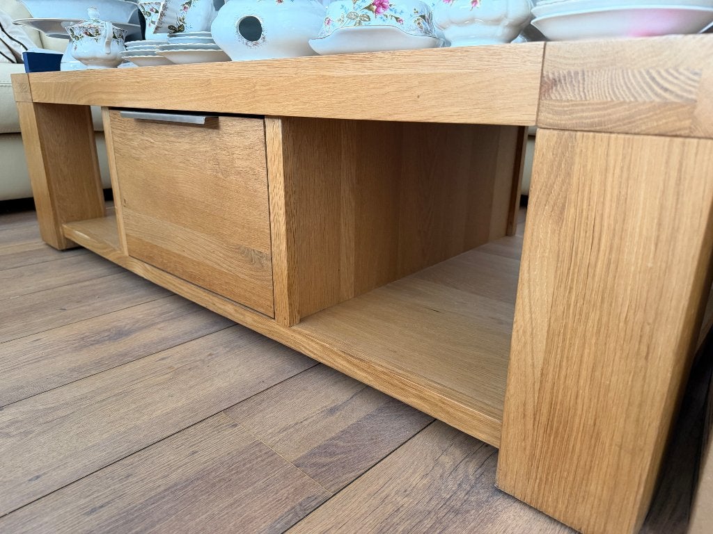 Massief blank eiken Salontafel, Ophalen, Gebruikt, 100 tot 150 cm, Eikenhout