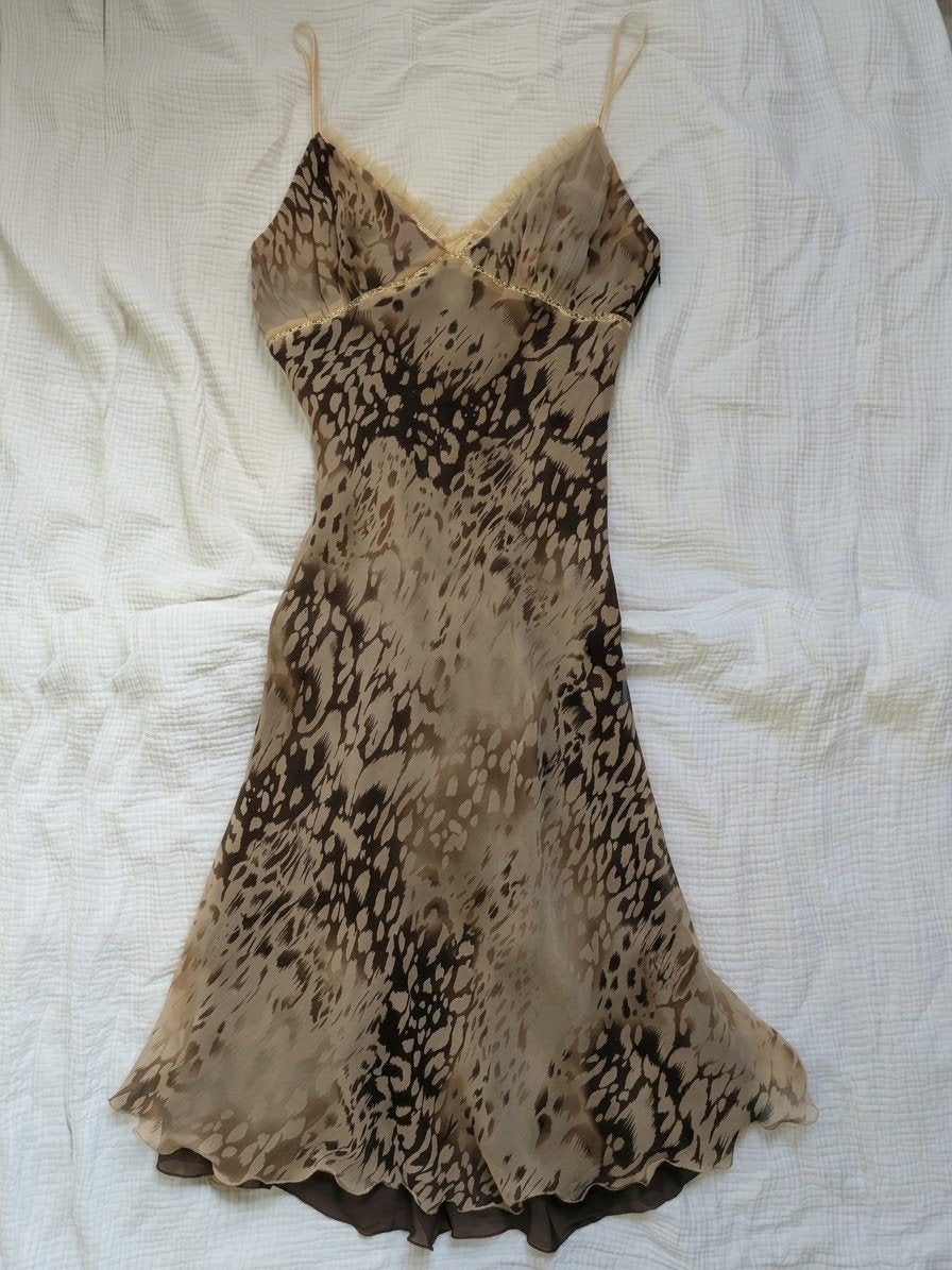 Vintage rare Y2K Mango 100% Zijden Slipdress / Jurk - Dieren, Maat 38/40 (M), Mango, Bruin, Ophalen of Verzenden